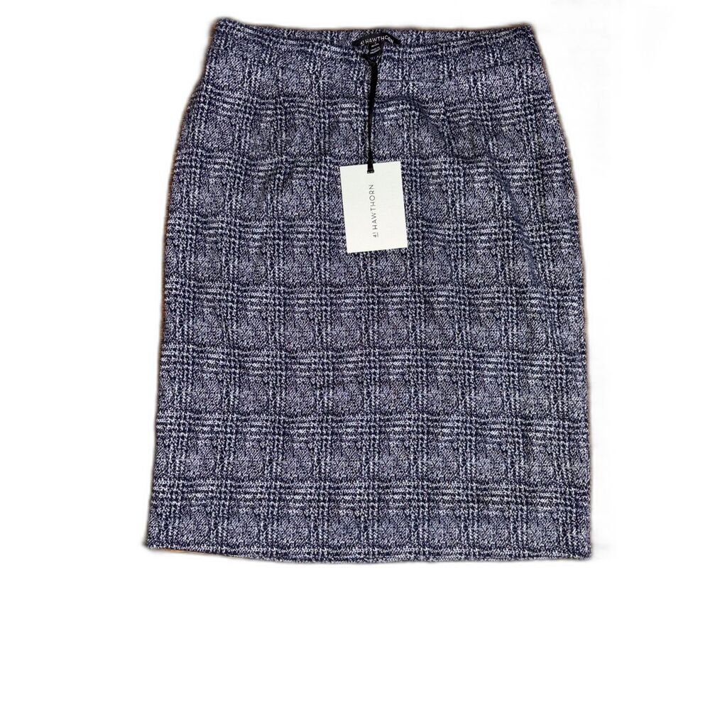 41 Hawthorn Kora Knit Jacquard Pencil Skirt Navy Plaid Women's Small